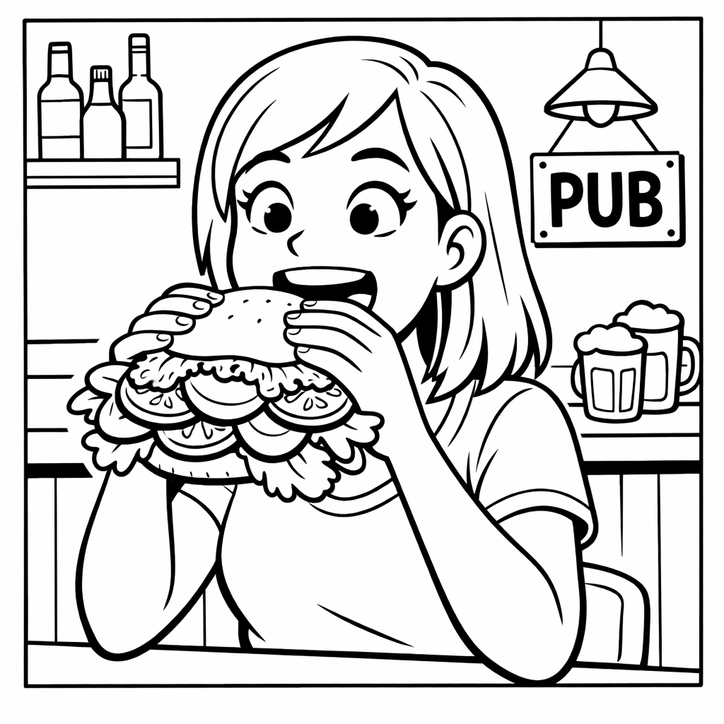 disegno di Ragazza al Pub che Mangia un Panino da colorare