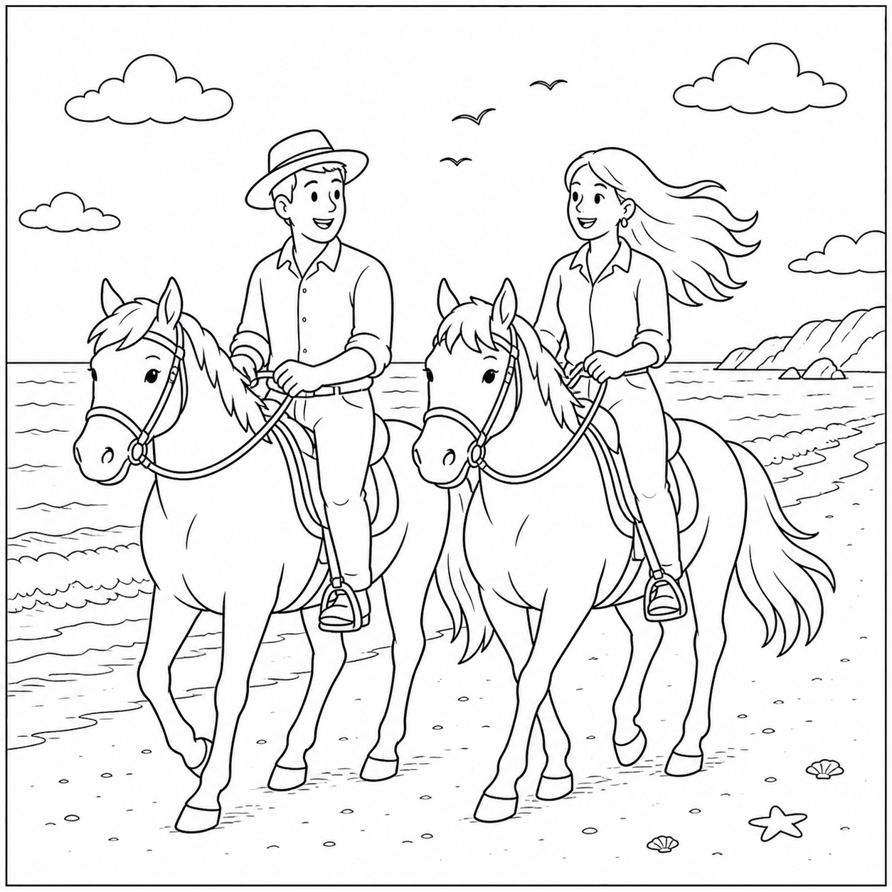 disegno di Coppia Cavalca Sulla Spiaggia da colorare