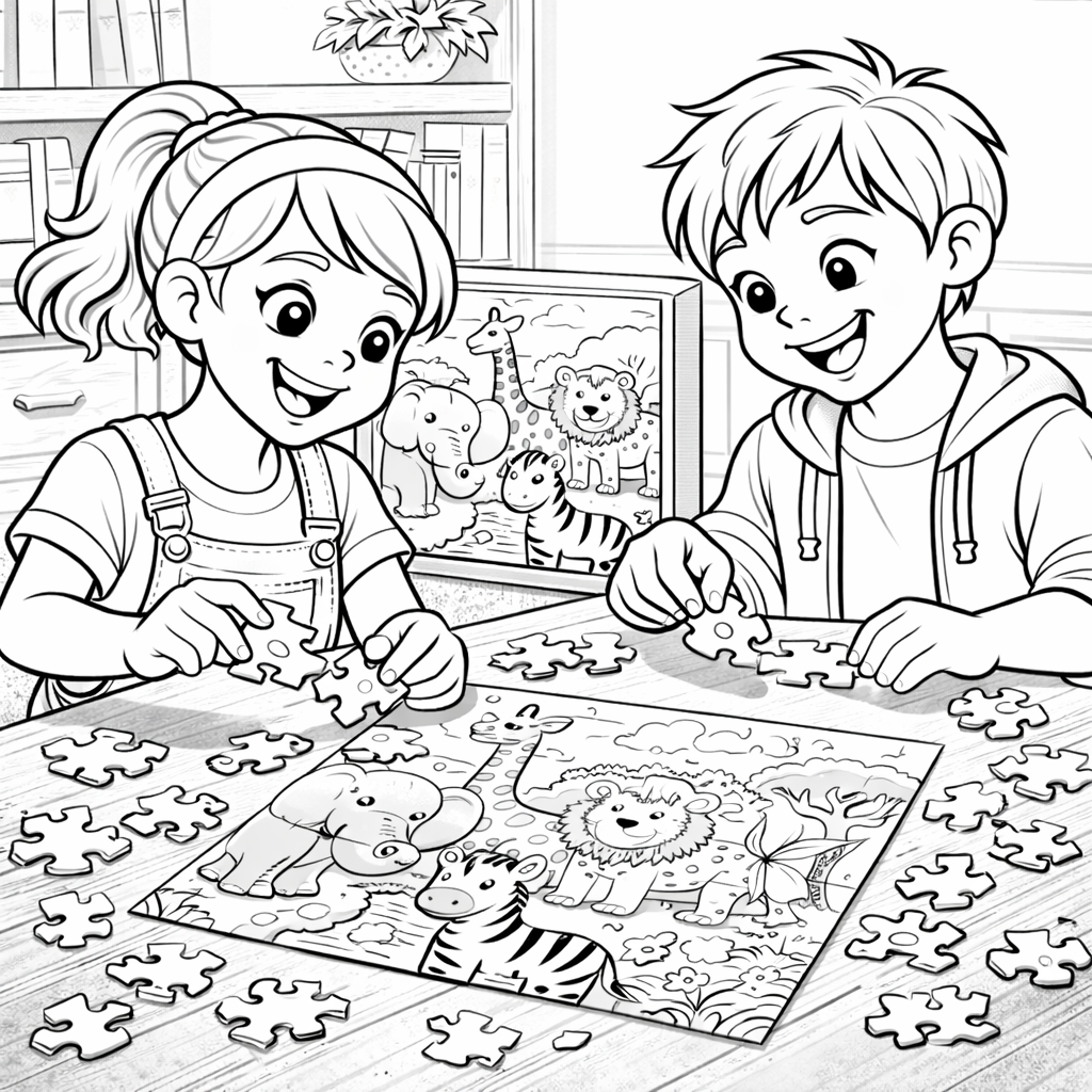 disegno di Coppia che fa Puzzle di Animali da colorare