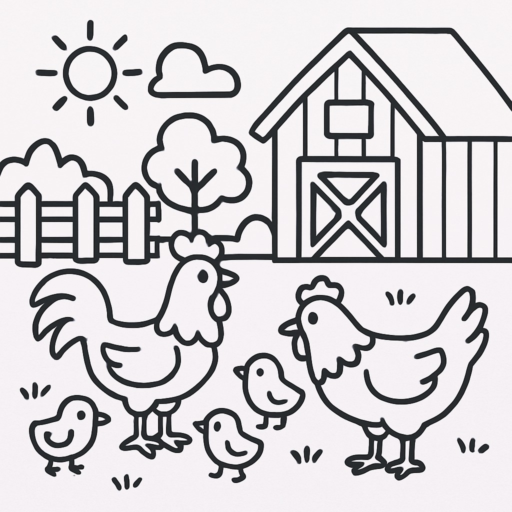 disegno di Fattoria con Pulcini, Gallo e Gallina da colorare