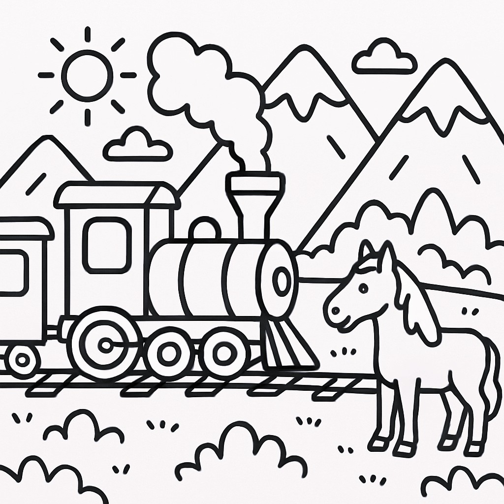 disegno di Trenino tra le Montagne con un Cavallo da colorare