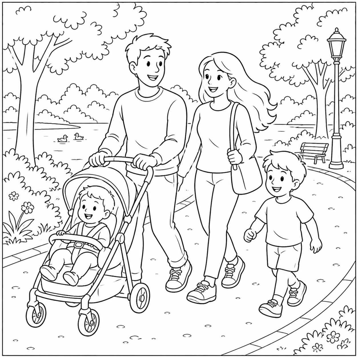disegno di Famiglia al Parco con Passeggino  da colorare