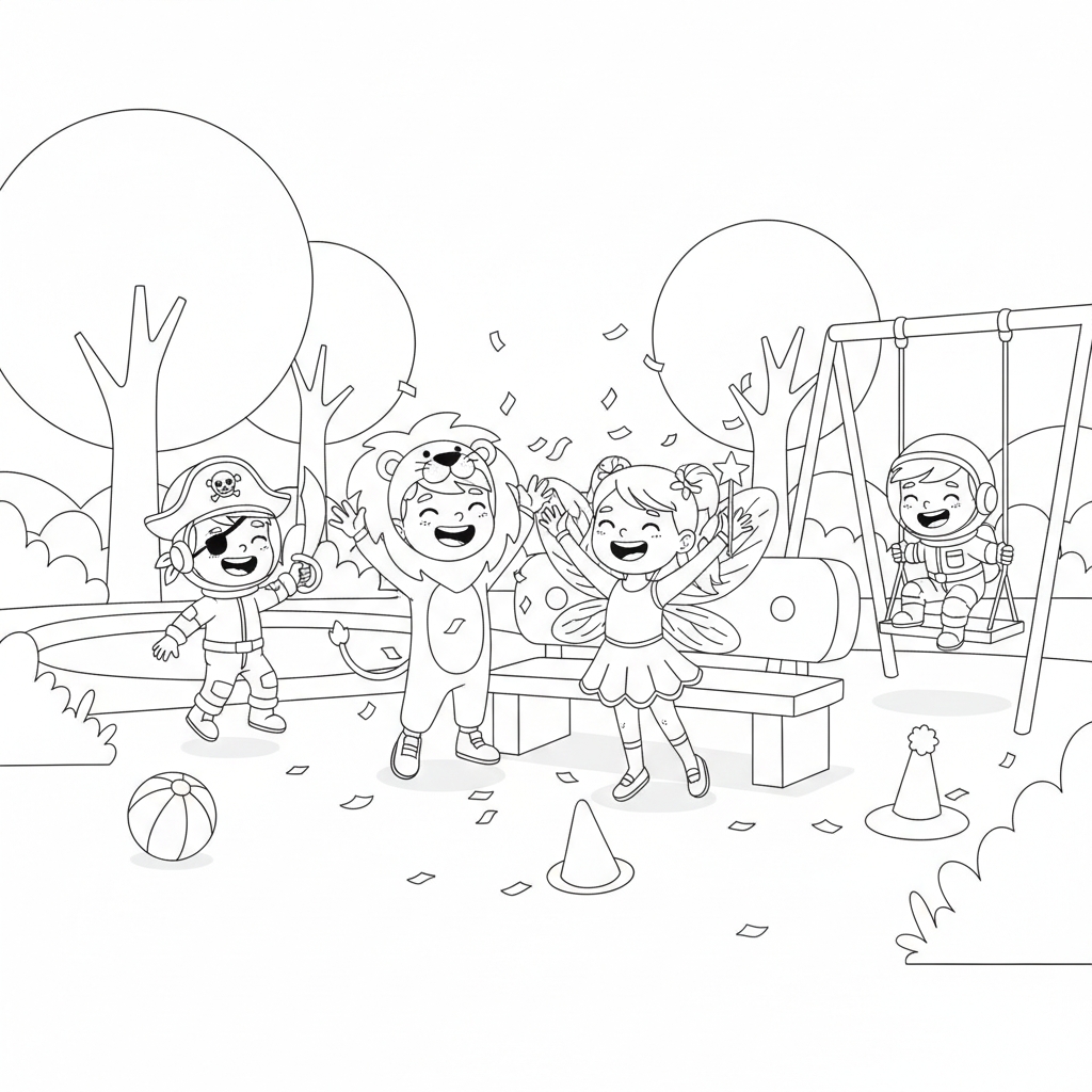 disegno di Bambini con vestiti di Carnevale al Parco da colorare