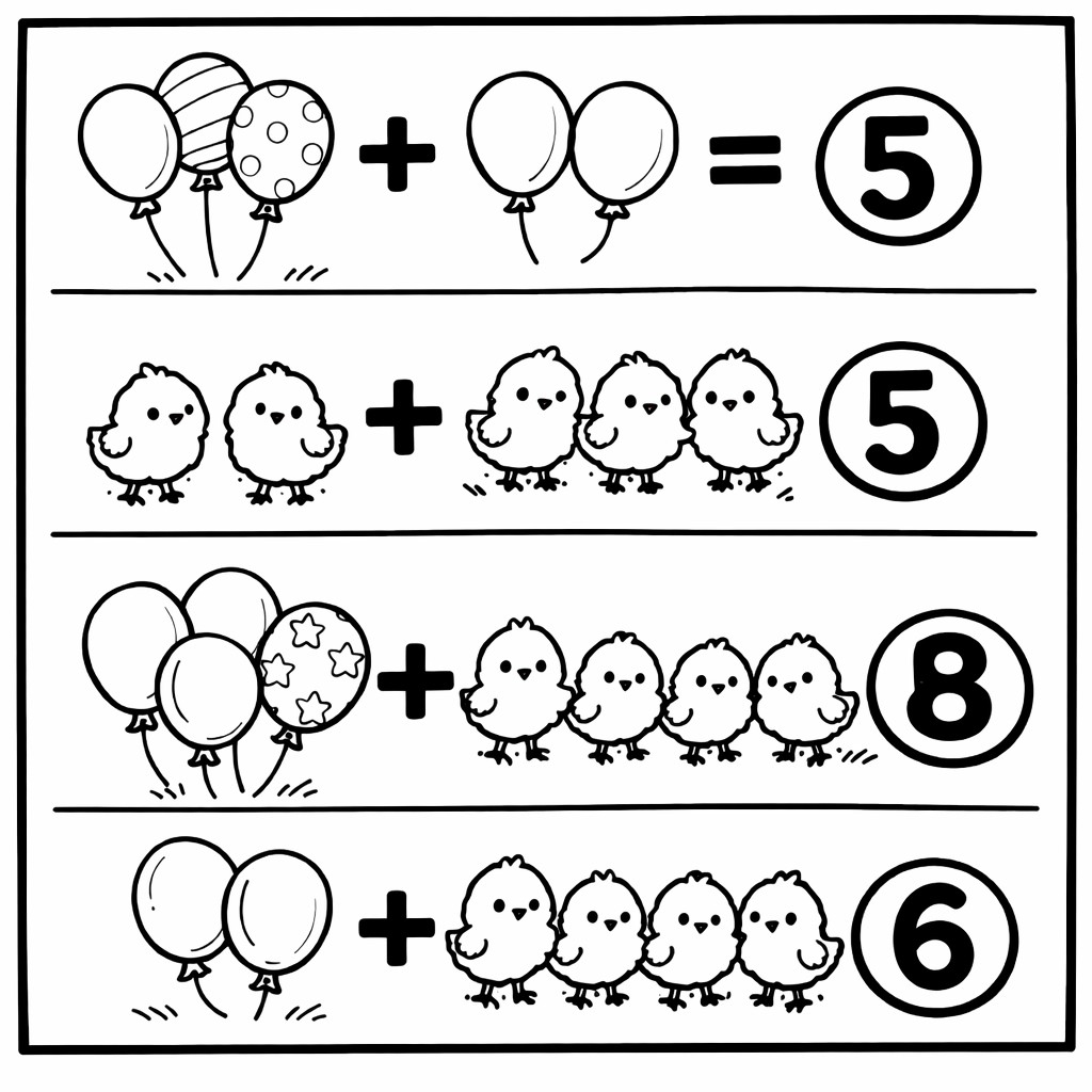 disegno di Addizioni con Palloncini e Pulcini da colorare