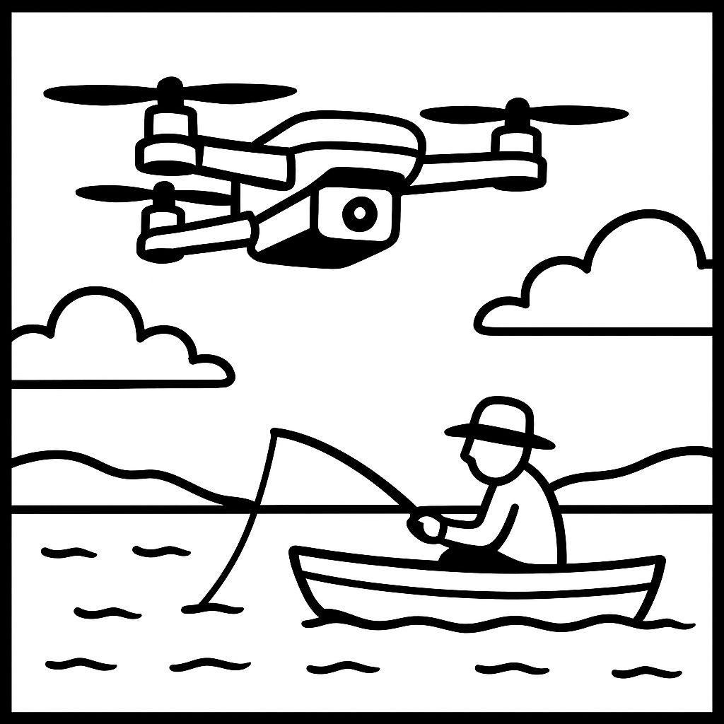 disegno di Drone che Riprende un Pescatore da colorare