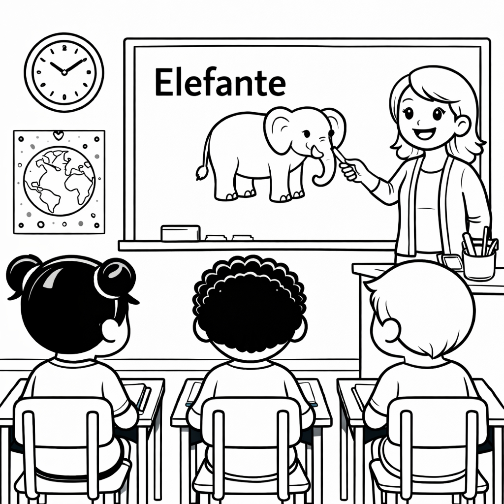 disegno di Insegnante che spiega la Parola Elefante  da colorare