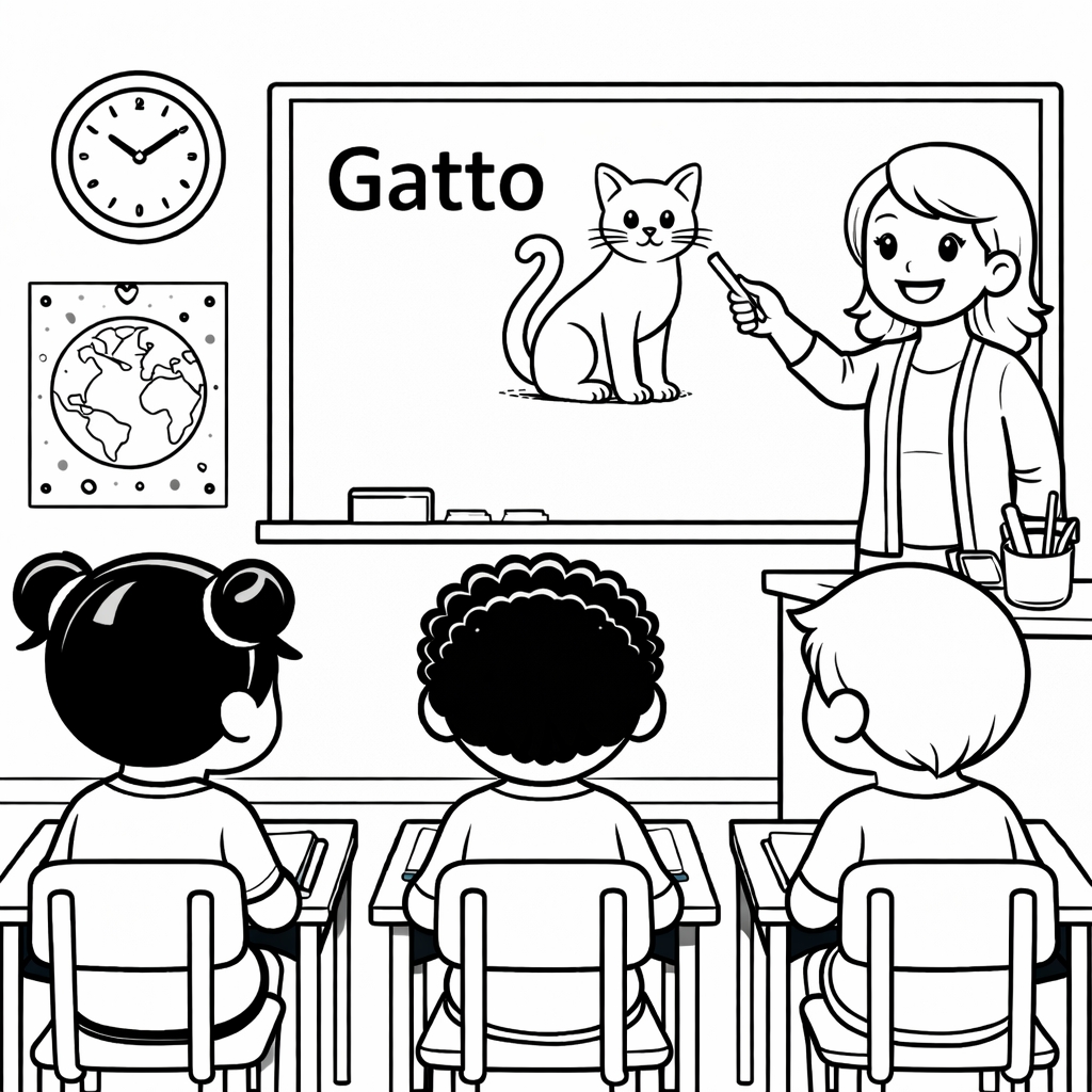 disegno di Insegnante che spiega la Parola Gatto da colorare