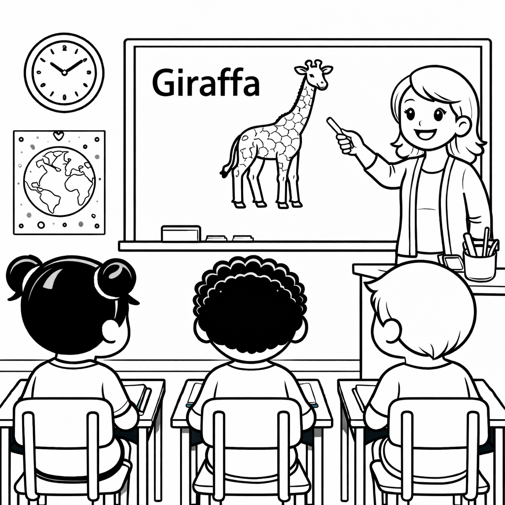 disegno di Insegnante che spiega la Parola Giraffa  da colorare