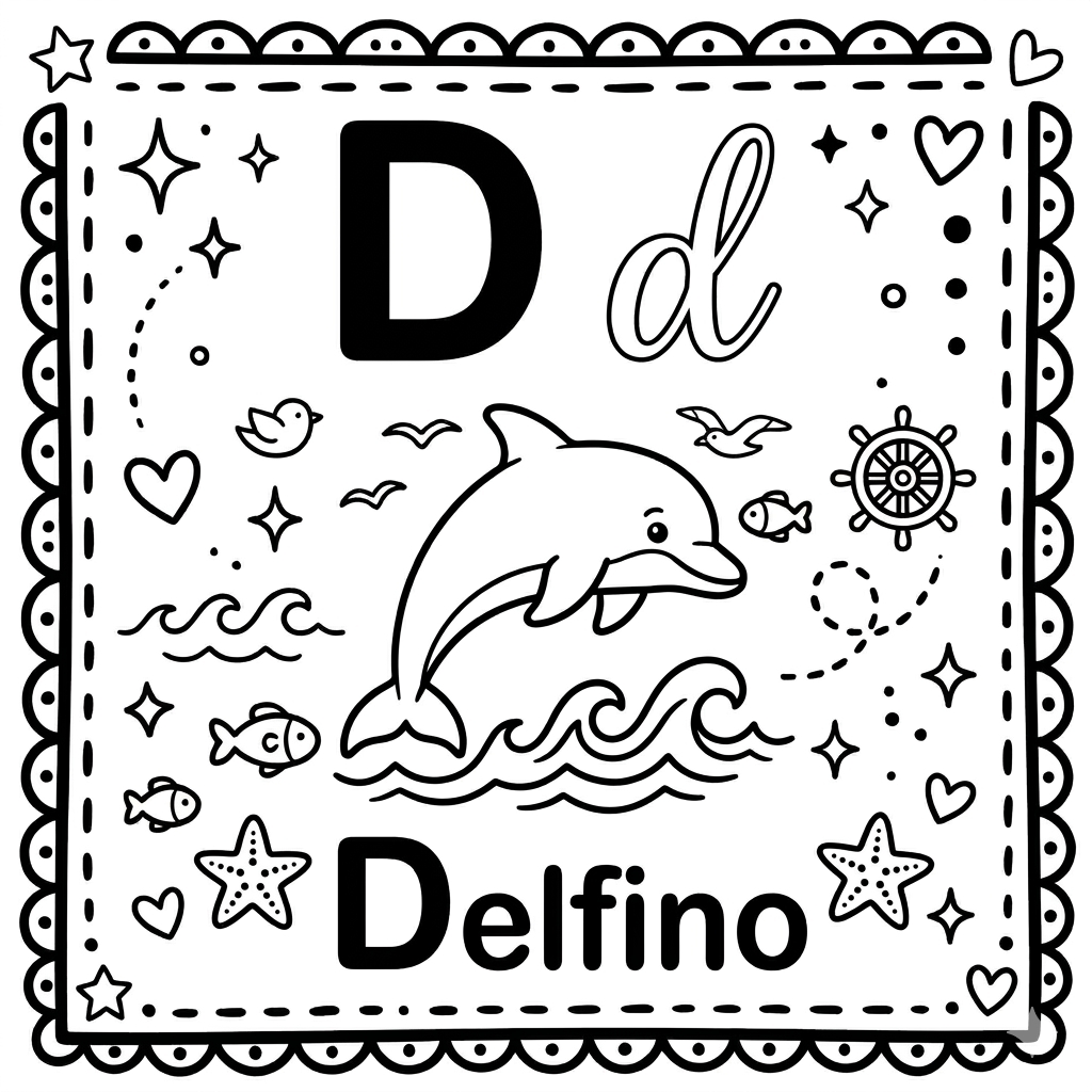 disegno di Lettera D di Delfino Alfabeto Illustrato  da colorare