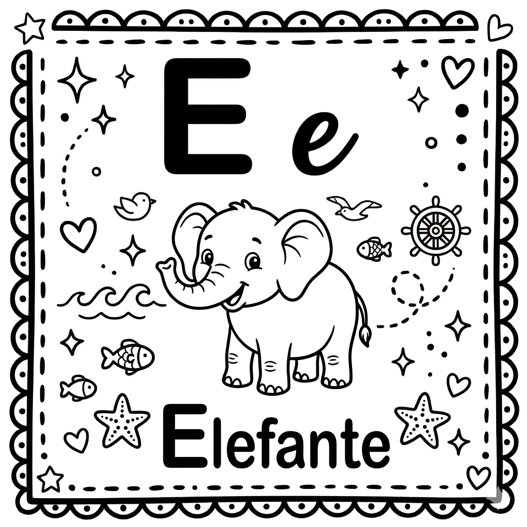 disegno di Lettera E di Elefante Alfabeto Illustrato  da colorare