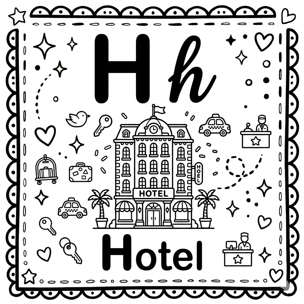 disegno di Lettera H di Hotel Alfabeto Illustrato  da colorare