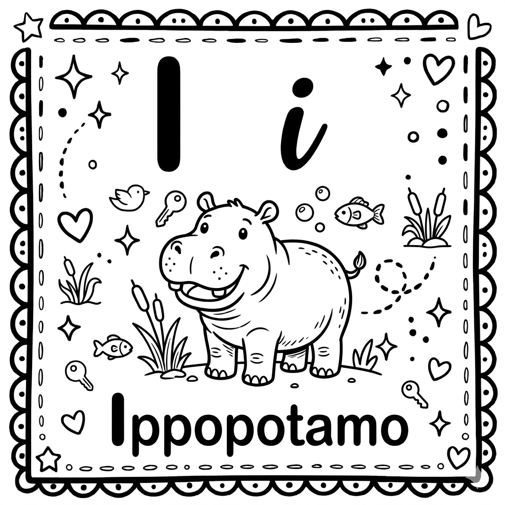 disegno di Lettera I di Ippopotamo Alfabeto Illustrato  da colorare