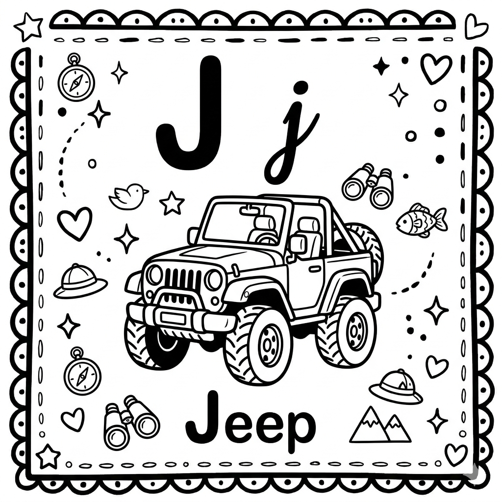 disegno di Lettera J di Jeep Alfabeto Illustrato  da colorare