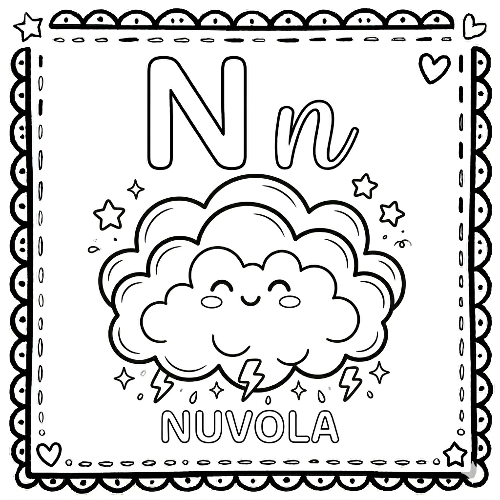 disegno di Lettera N di Nuvola Alfabeto Illustrato  da colorare
