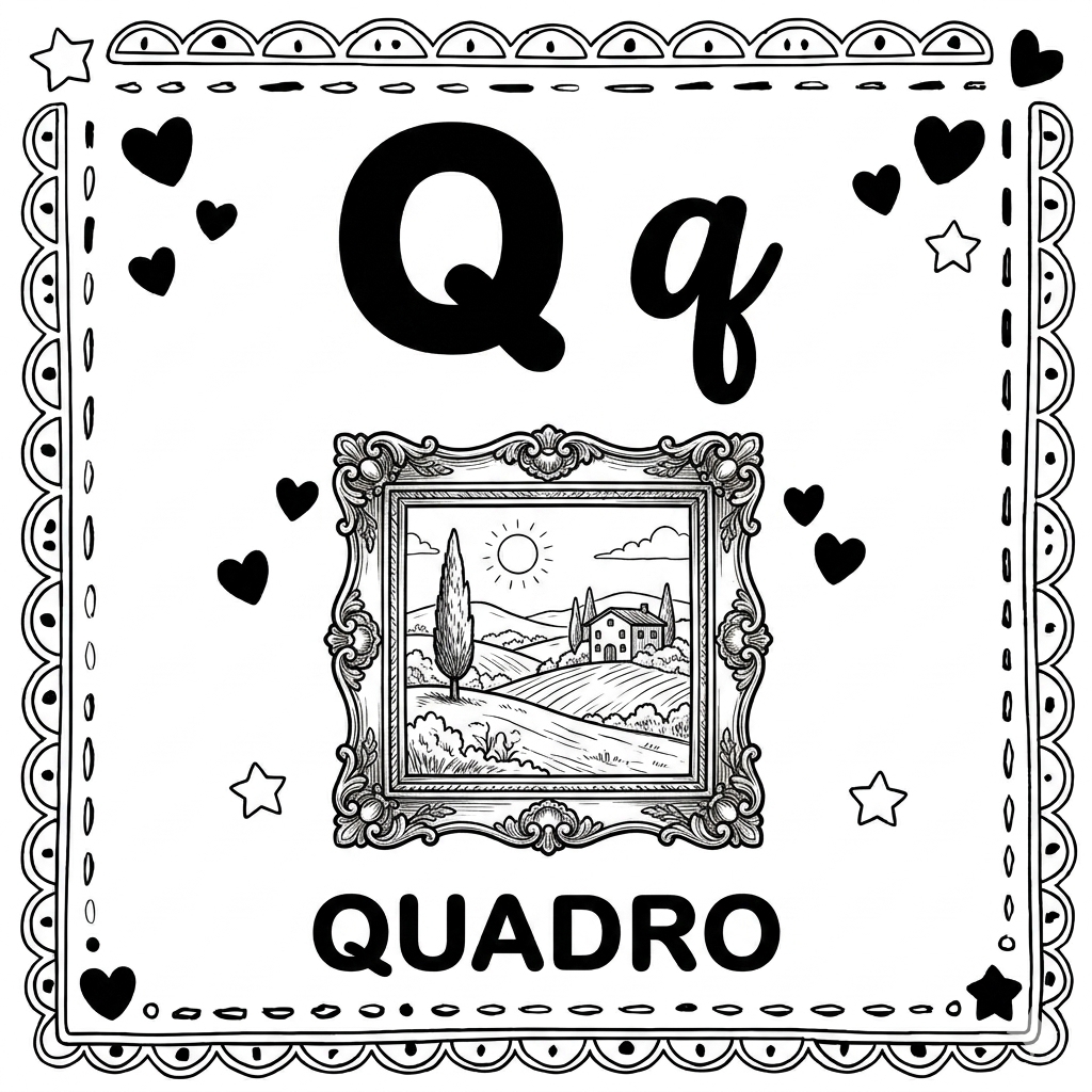 disegno di Lettera Q di Quadro Alfabeto Illustrato  da colorare