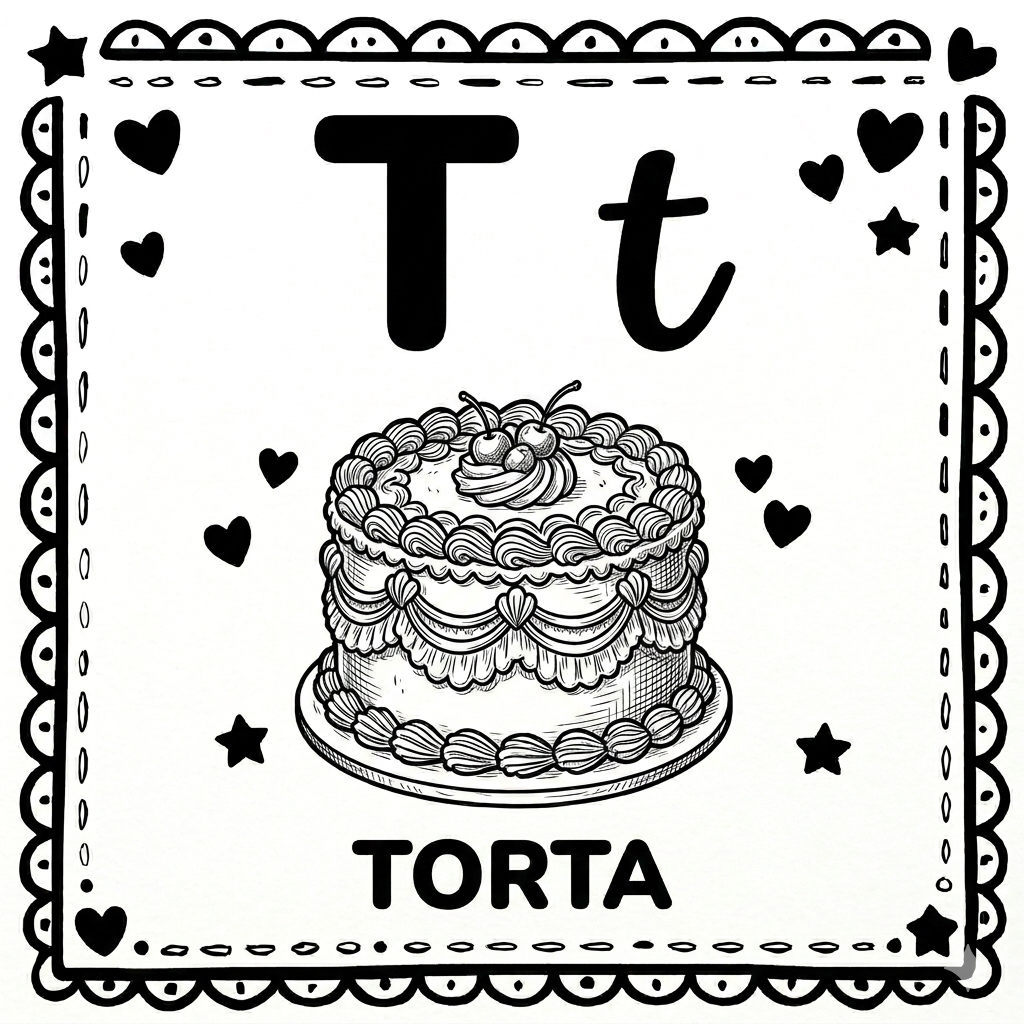 disegno di Lettera T di Torta Alfabeto Illustrato  da colorare