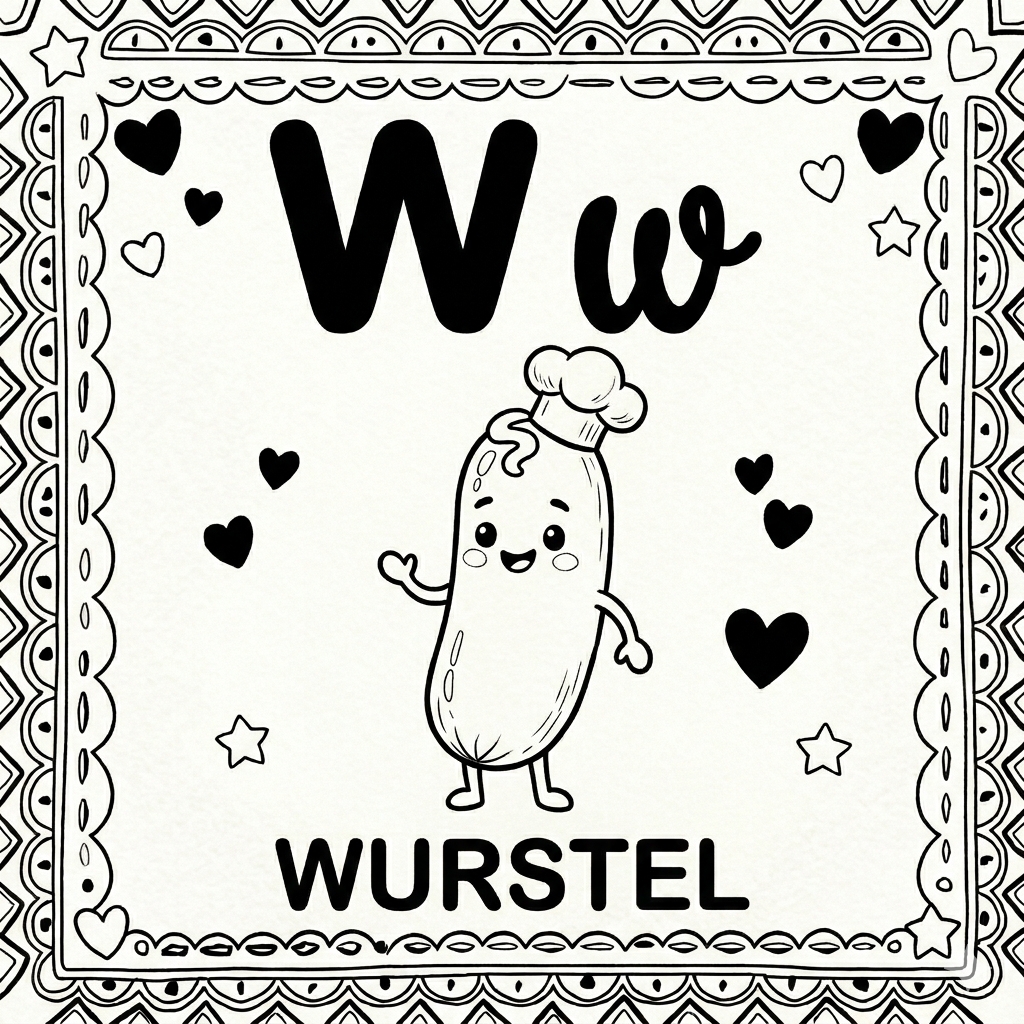 disegno di Lettera W di Wurstel Alfabeto Illustrato  da colorare