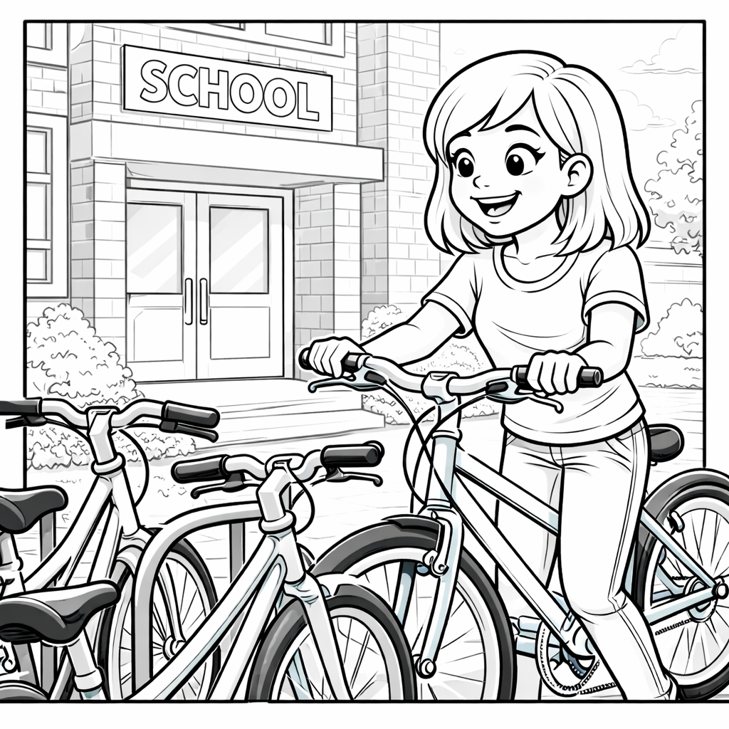 disegno di Ragazza che va a Scuola in Bici da colorare
