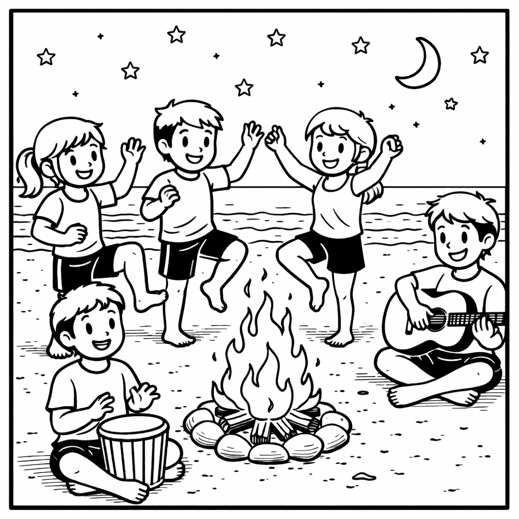 disegno di Ragazzi Ballano Attorno Al Fuoco da colorare